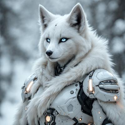 The primary subject of the image is a white fox with blue eyes, wearing a futuristic, high-tech armor. The setting is a snowy environment, with the fox standing in front of a forest. The visual style is a combination of photo and digital art, creating a unique and captivating scene. The colors and mood of the image are predominantly white and cold, with the blue eyes of the fox adding a touch of warmth and interest to the overall atmosphere.